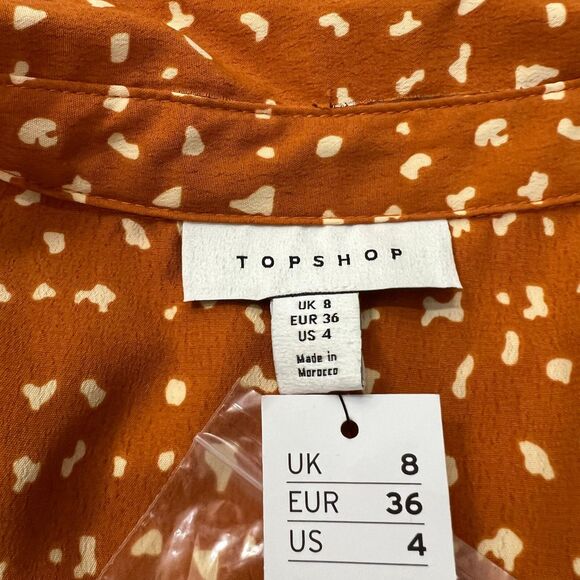 Topshop Sz 4 Long Sleeve Rust Orange Spot Chiffon Collared Midi Shirt Dress - Picture 4 of 16